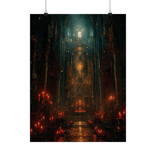 Dark Cathedral With Red Candles - Dark Fantasy Art Print (Matte Poster) - Moikas