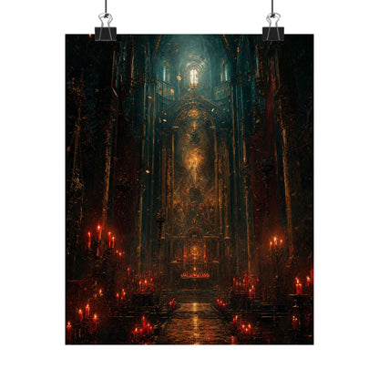 Dark Cathedral With Red Candles - Dark Fantasy Art Print (Matte Poster) - Moikas