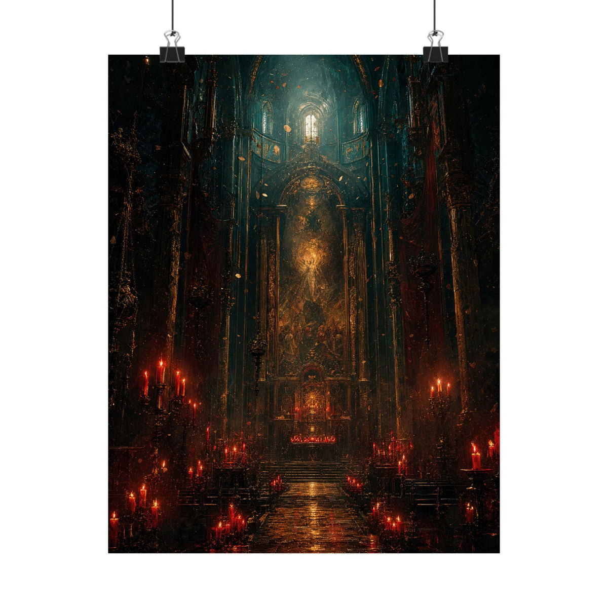 Dark Cathedral With Red Candles - Dark Fantasy Art Print (Matte Poster) - Moikas