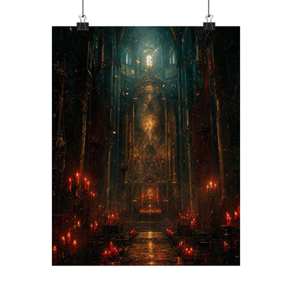 Dark Cathedral With Red Candles - Dark Fantasy Art Print (Matte Poster) - Moikas