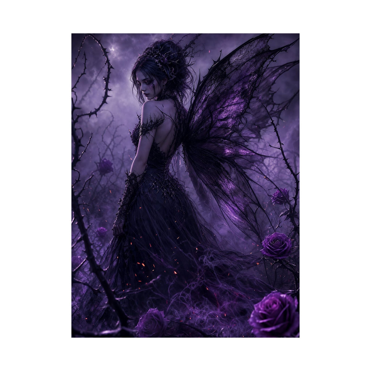 Dark Fairy In Thorn Garden - Dark Fantasy Art Print (Matte Poster) - Moikas