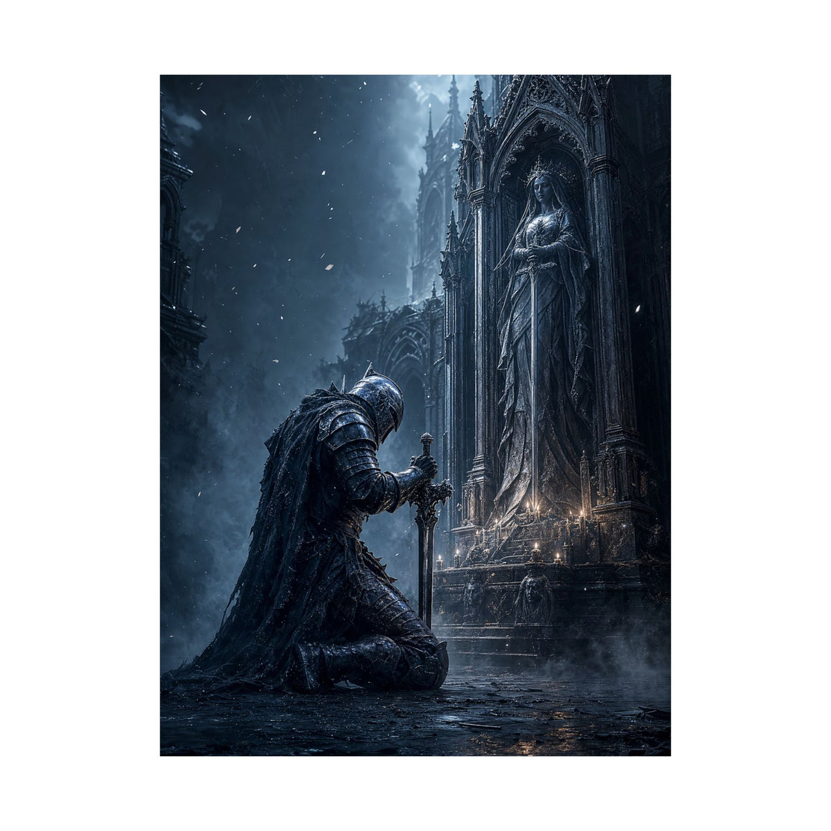 Dark Knight Kneeling Before Shrine - Dark Fantasy Art Print (Matte Poster) - Moikas