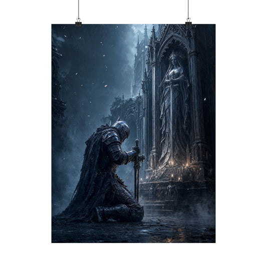 Dark Knight Kneeling Before Shrine - Dark Fantasy Art Print (Matte Poster) - Moikas