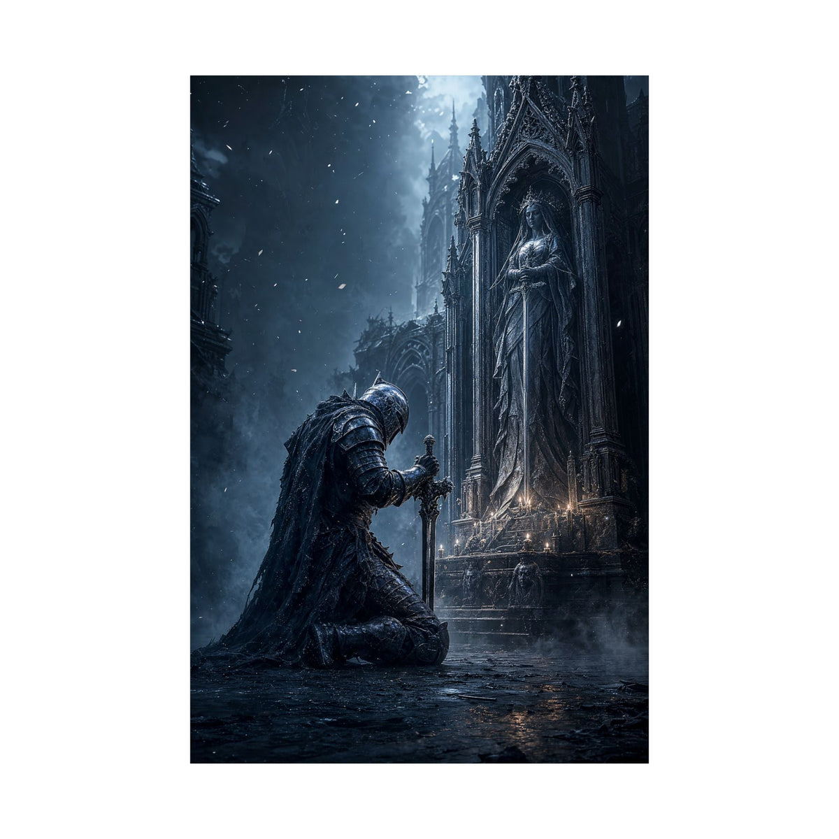 Dark Knight Kneeling Before Shrine - Dark Fantasy Art Print (Matte Poster) - Moikas