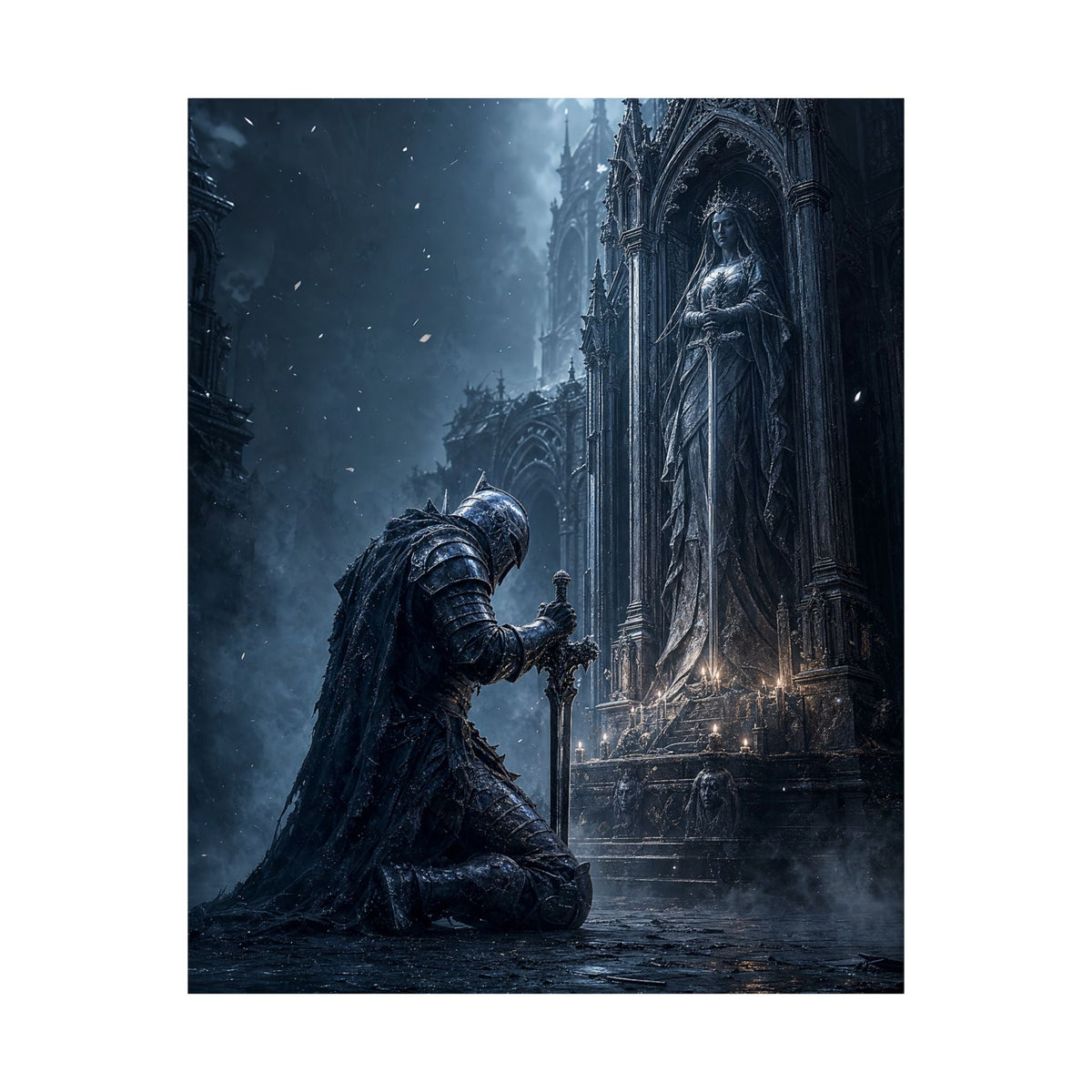 Dark Knight Kneeling Before Shrine - Dark Fantasy Art Print (Matte Poster) - Moikas