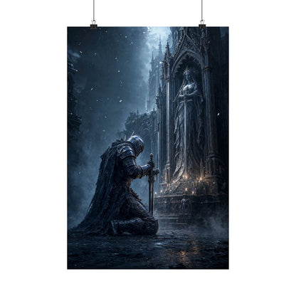 Dark Knight Kneeling Before Shrine - Dark Fantasy Art Print (Matte Poster) - Moikas