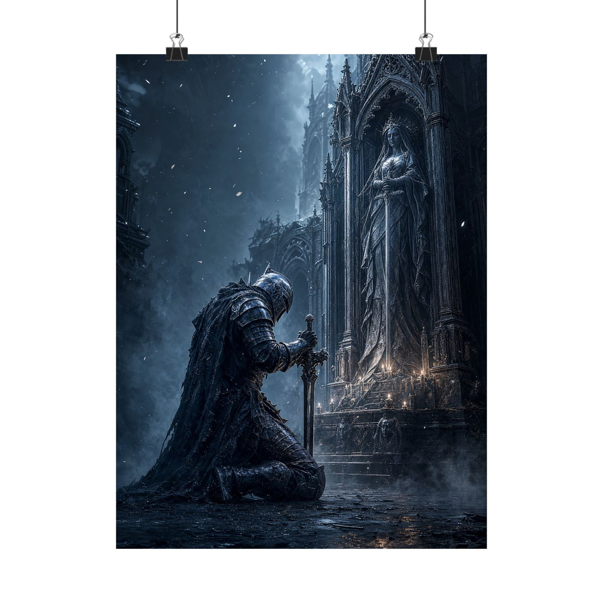 Dark Knight Kneeling Before Shrine - Dark Fantasy Art Print (Matte Poster) - Moikas