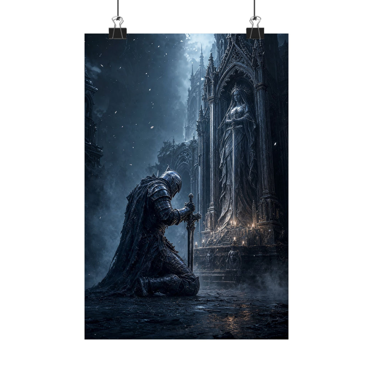 Dark Knight Kneeling Before Shrine - Dark Fantasy Art Print (Matte Poster) - Moikas
