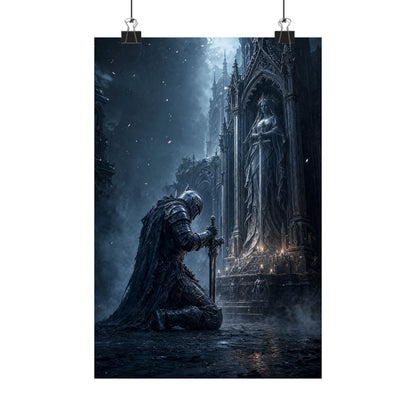 Dark Knight Kneeling Before Shrine - Dark Fantasy Art Print (Matte Poster) - Moikas