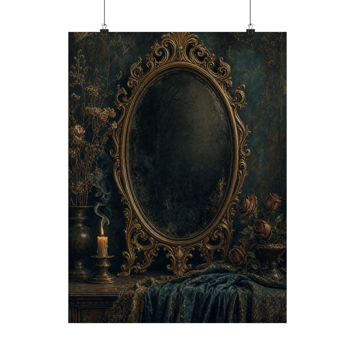 Dark Mirror In Ornate Frame - Dark Academia Art Print (Matte Poster) - Moikas