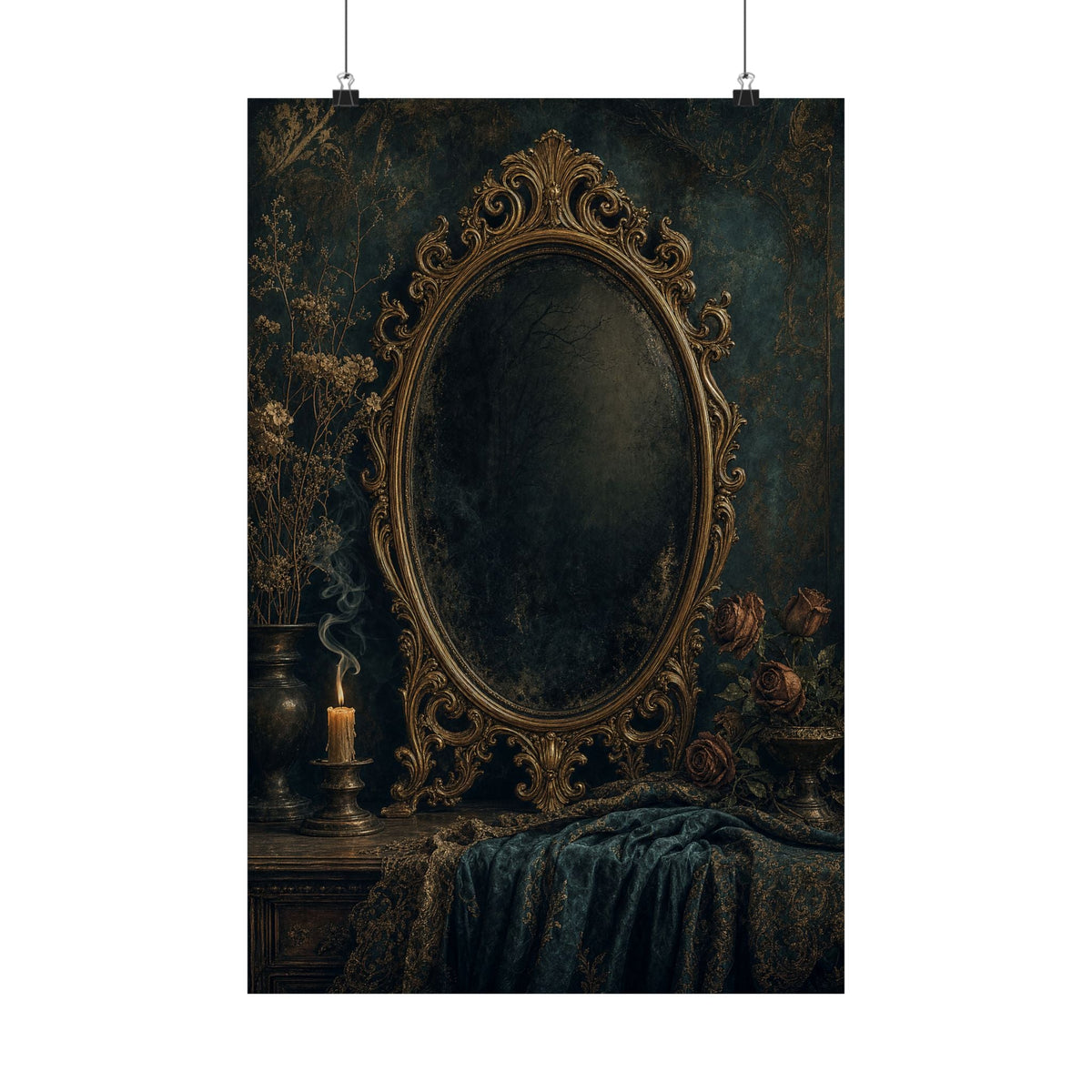 Dark Mirror In Ornate Frame - Dark Academia Art Print (Matte Poster) - Moikas