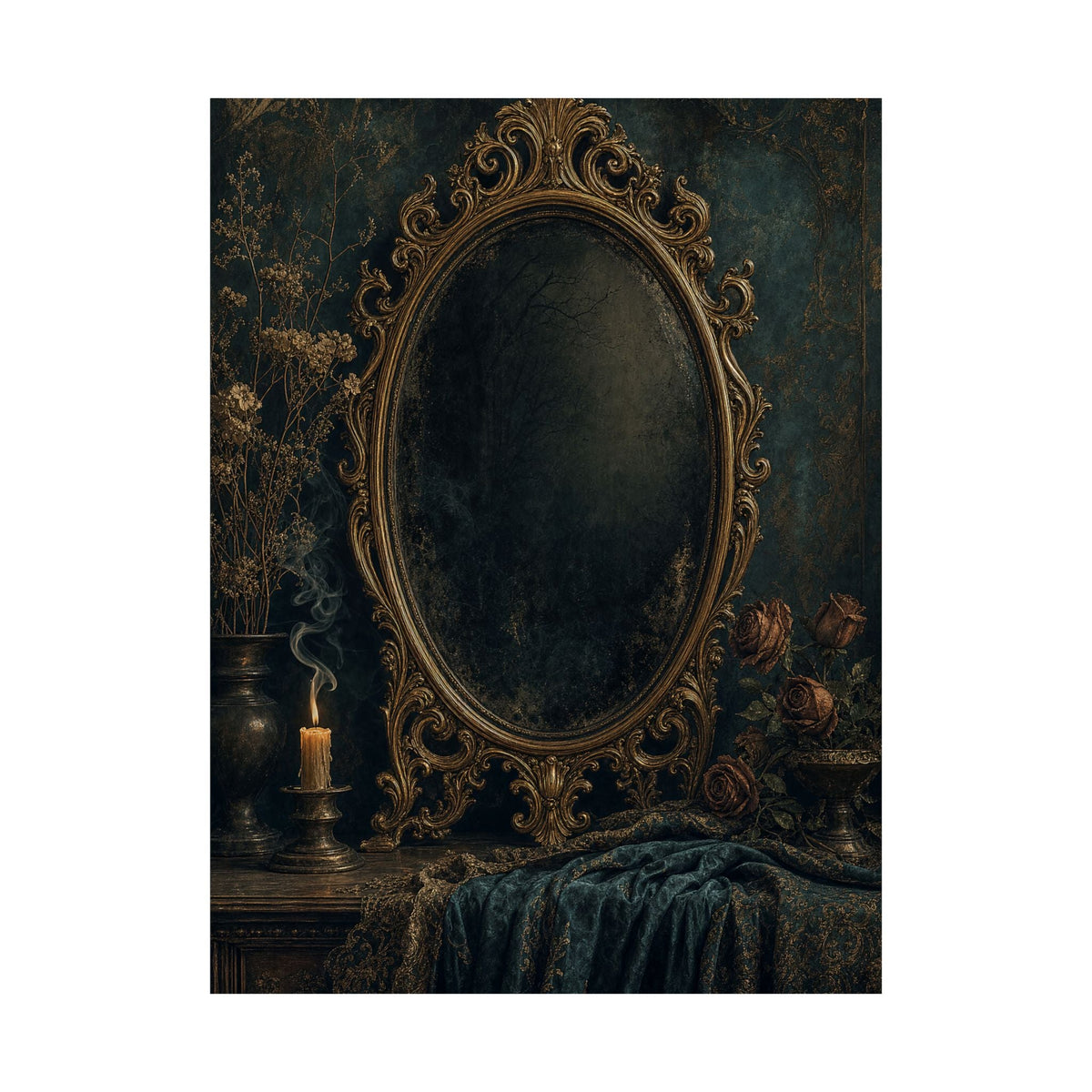 Dark Mirror In Ornate Frame - Dark Academia Art Print (Matte Poster) - Moikas