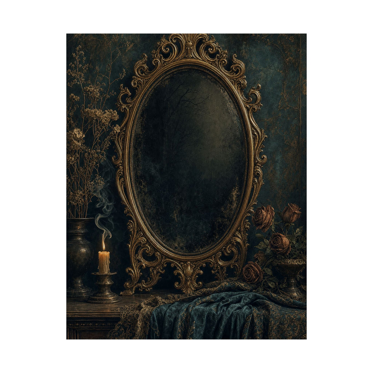 Dark Mirror In Ornate Frame - Dark Academia Art Print (Matte Poster) - Moikas