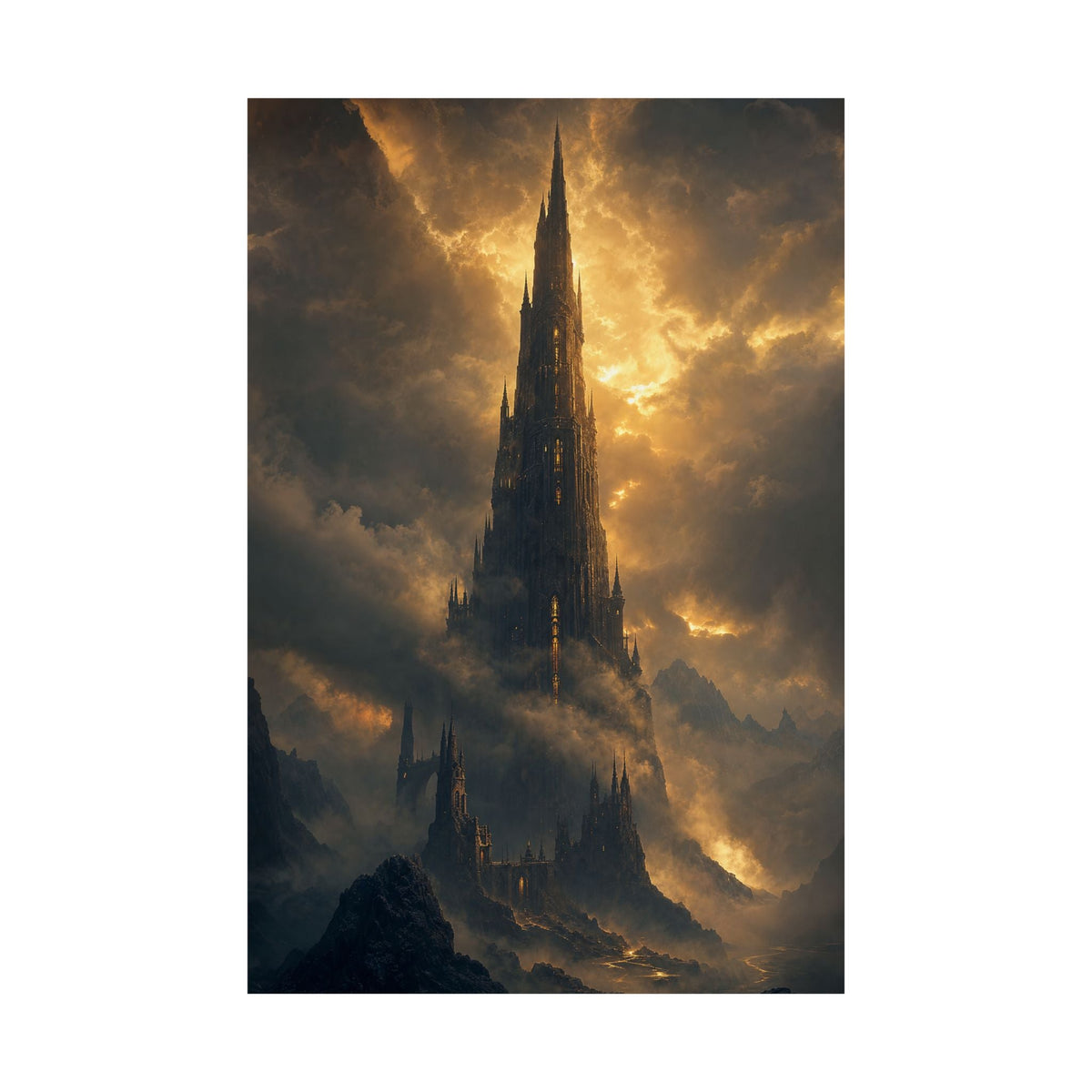 Dark Tower Piercing The Clouds - Dark Fantasy Art Print (Matte Poster) - Moikas