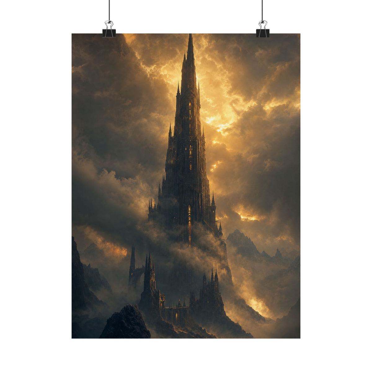 Dark Tower Piercing The Clouds - Dark Fantasy Art Print (Matte Poster) - Moikas