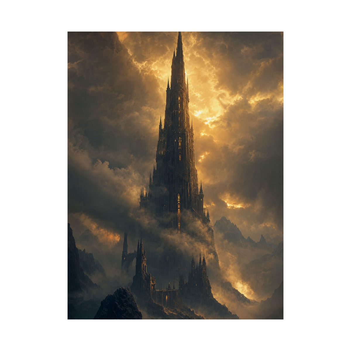 Dark Tower Piercing The Clouds - Dark Fantasy Art Print (Matte Poster) - Moikas