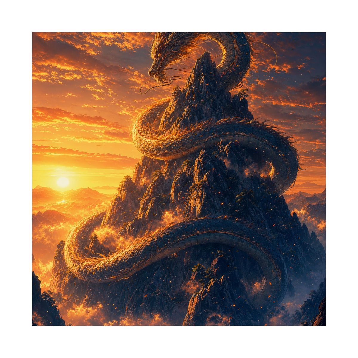 Dragon Coiled Around Mountain - Anime Manga Art Print (Matte Poster) - Moikas