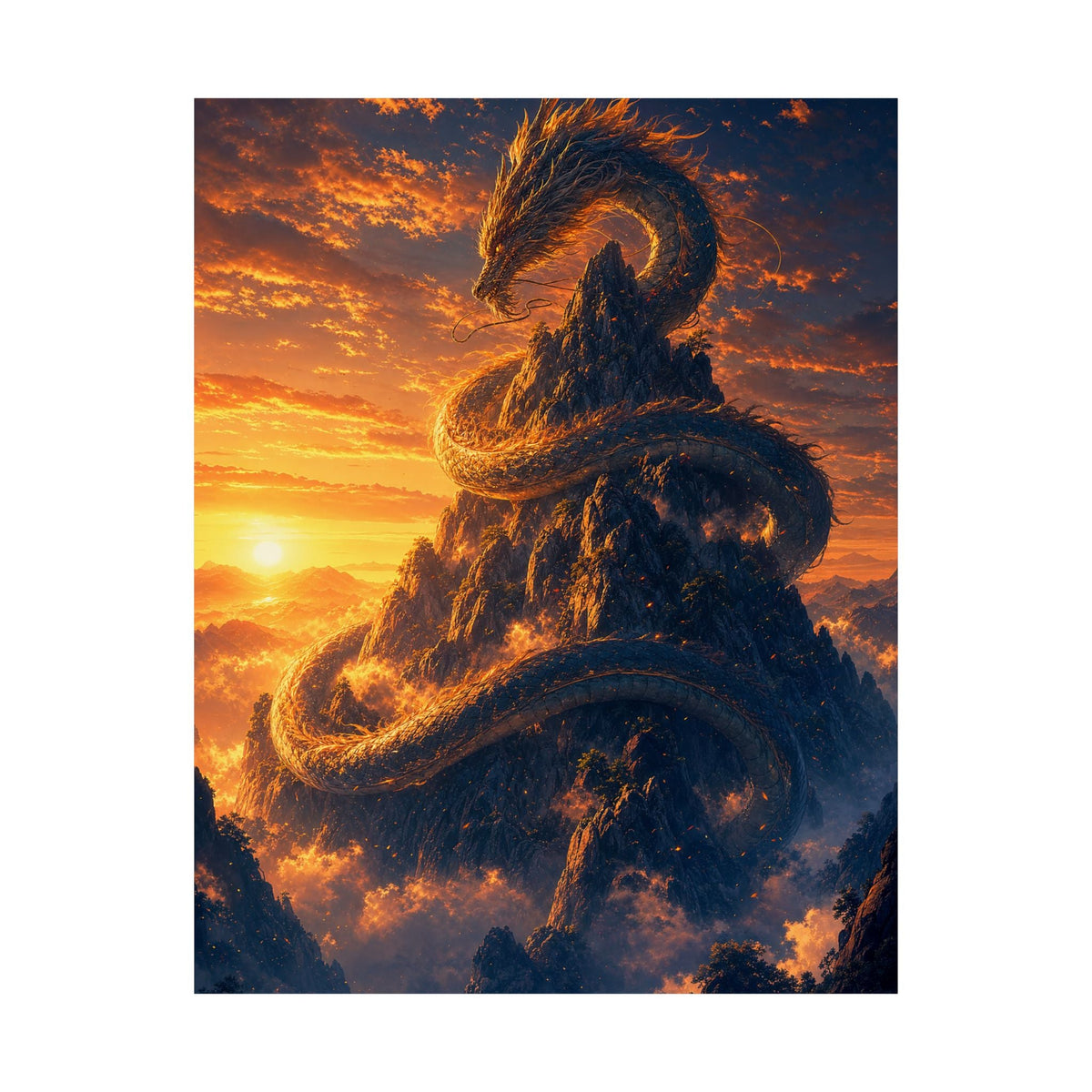 Dragon Coiled Around Mountain - Anime Manga Art Print (Matte Poster) - Moikas