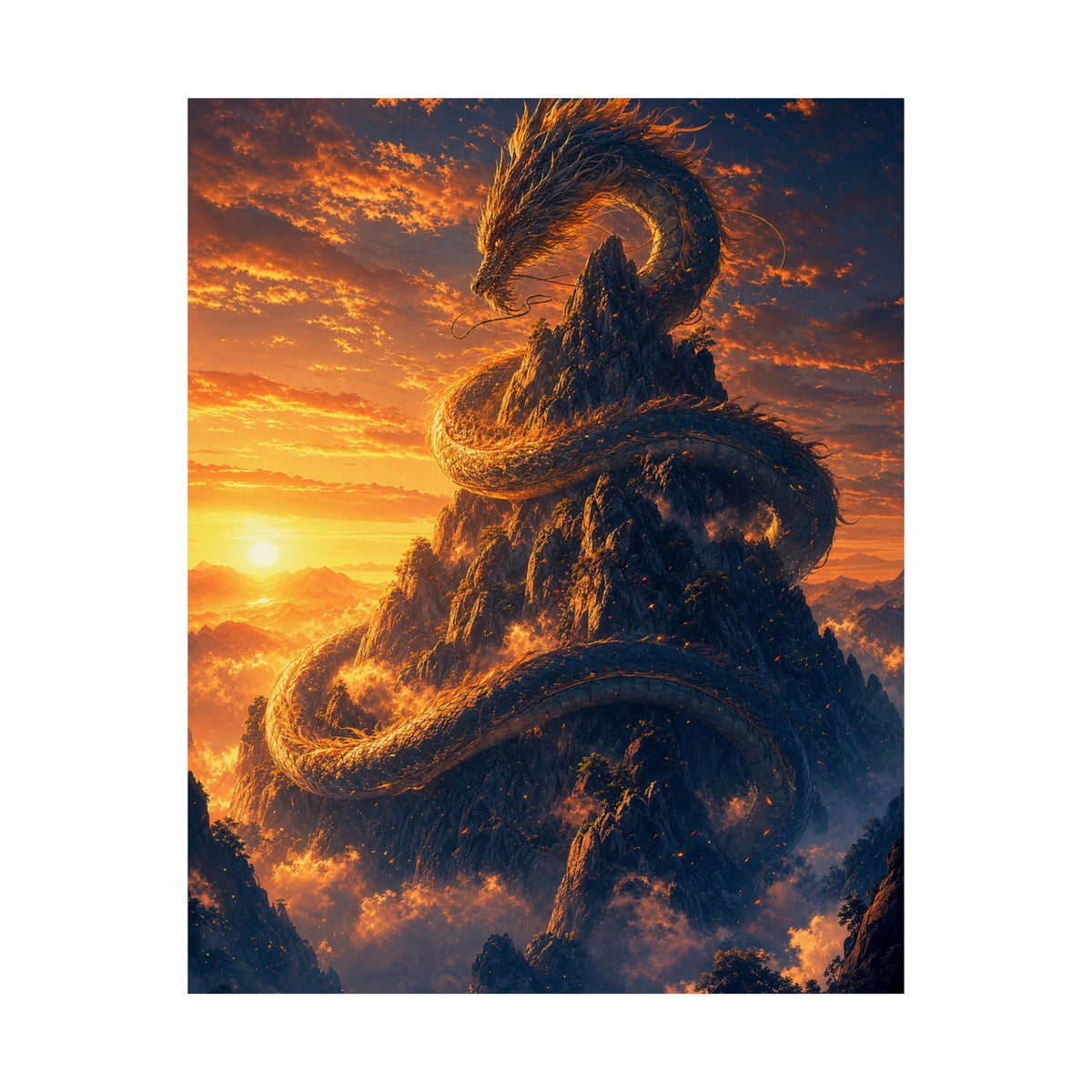 Dragon Coiled Around Mountain - Anime Manga Art Print (Matte Poster) - Moikas