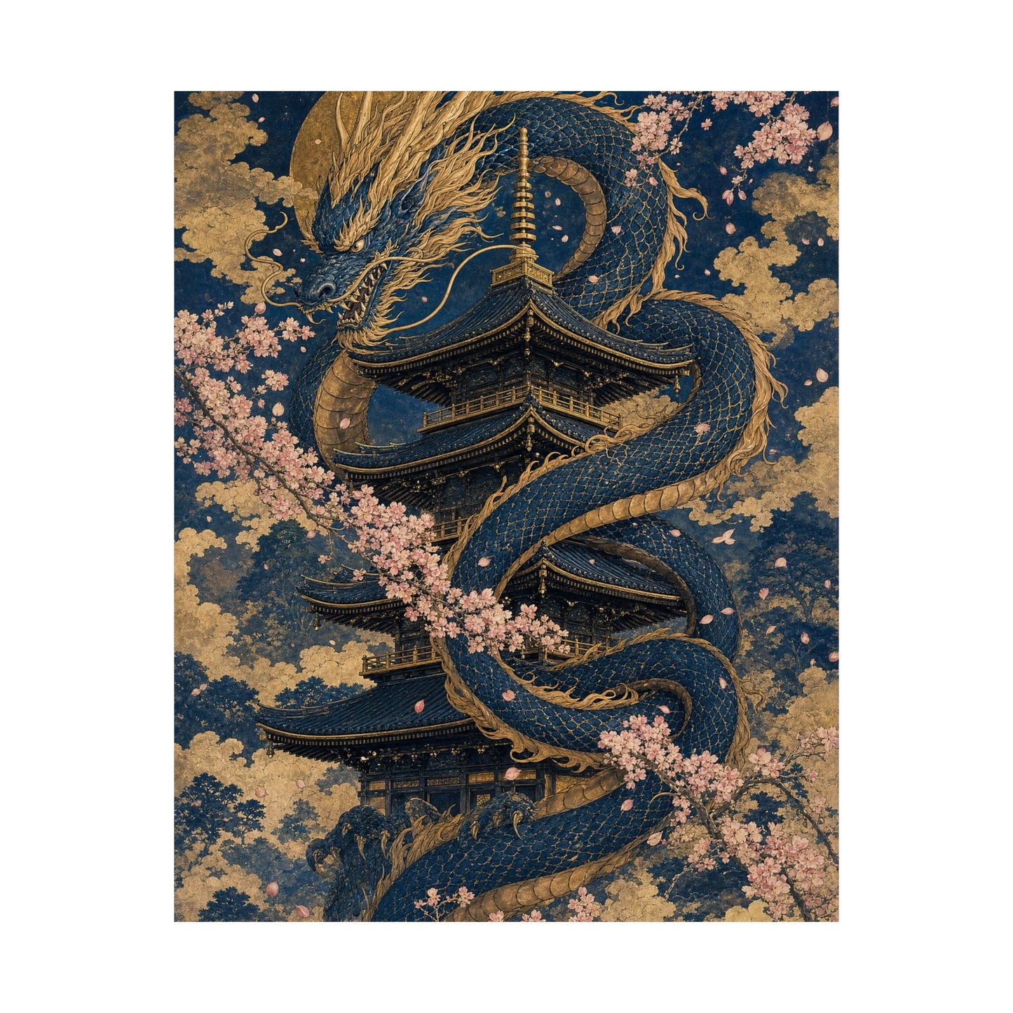 Dragon Coiled Around Pagoda - Japanese Mythology Art Print (Matte Poster) - Moikas