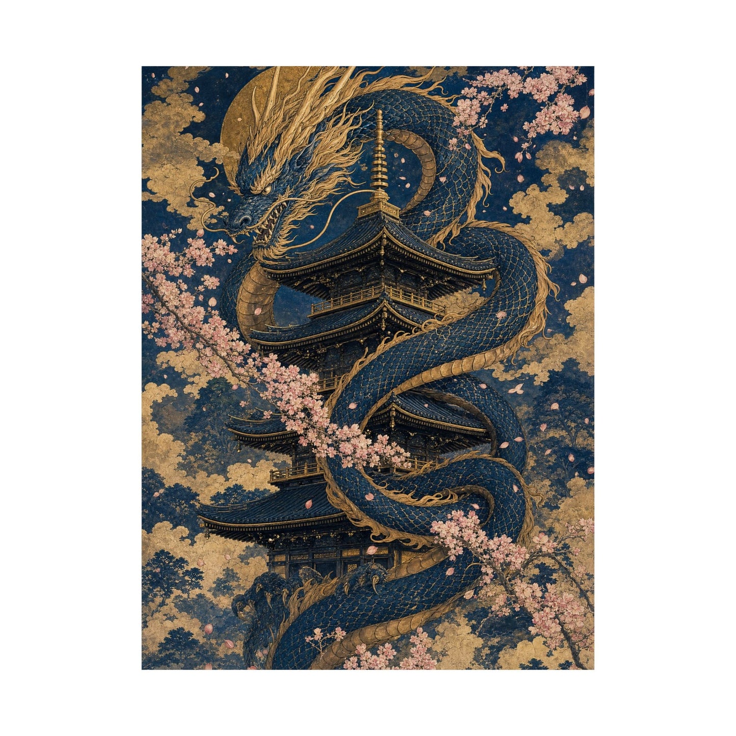 Dragon Coiled Around Pagoda - Japanese Mythology Art Print (Matte Poster) - Moikas