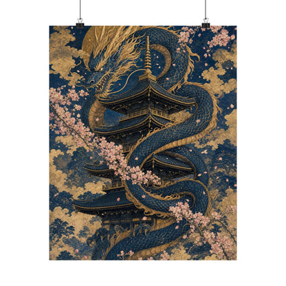 Dragon Coiled Around Pagoda - Japanese Mythology Art Print (Matte Poster) - Moikas