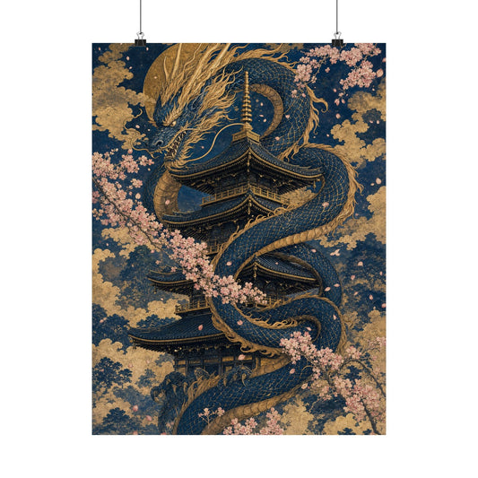 Dragon Coiled Around Pagoda - Japanese Mythology Art Print (Matte Poster) - Moikas