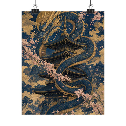 Dragon Coiled Around Pagoda - Japanese Mythology Art Print (Matte Poster) - Moikas