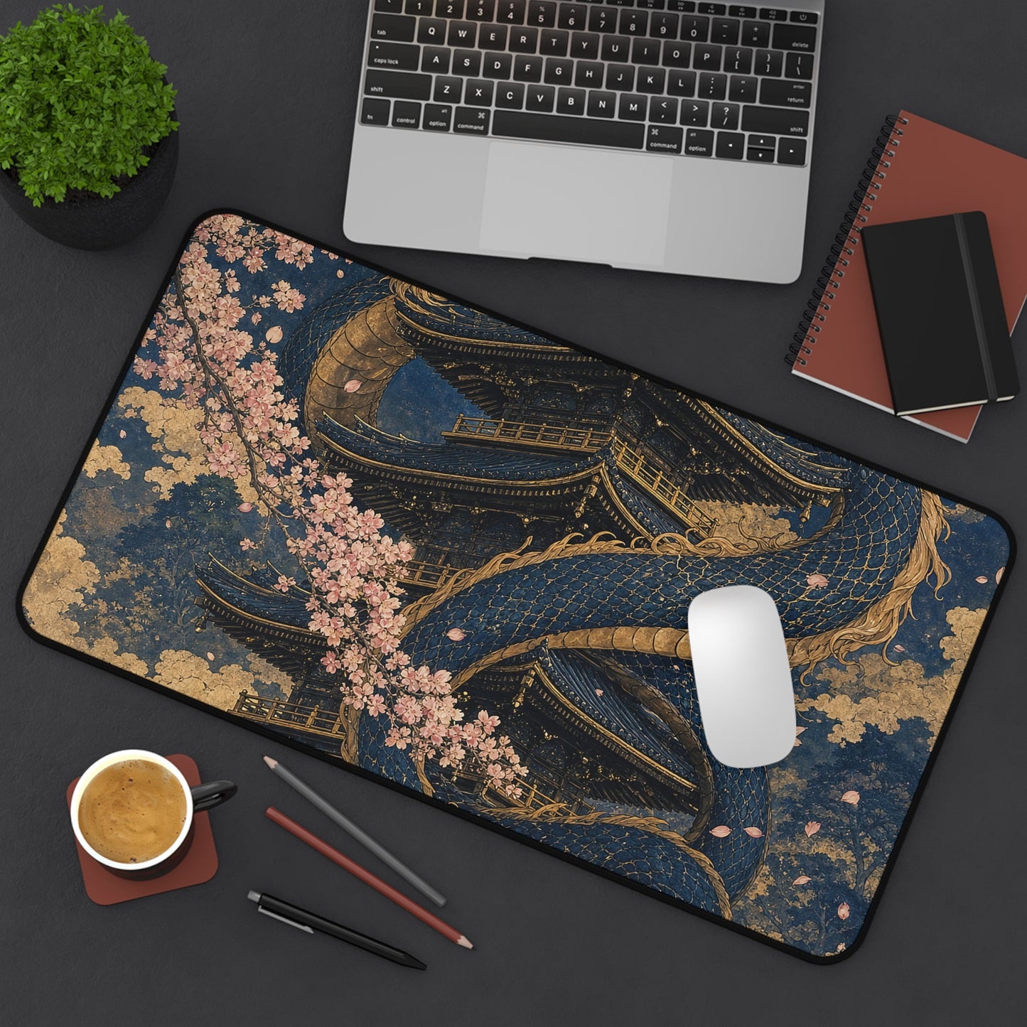 Dragon Coiled Around Pagoda - Japanese Mythology Gaming Desk Mat - Moikas