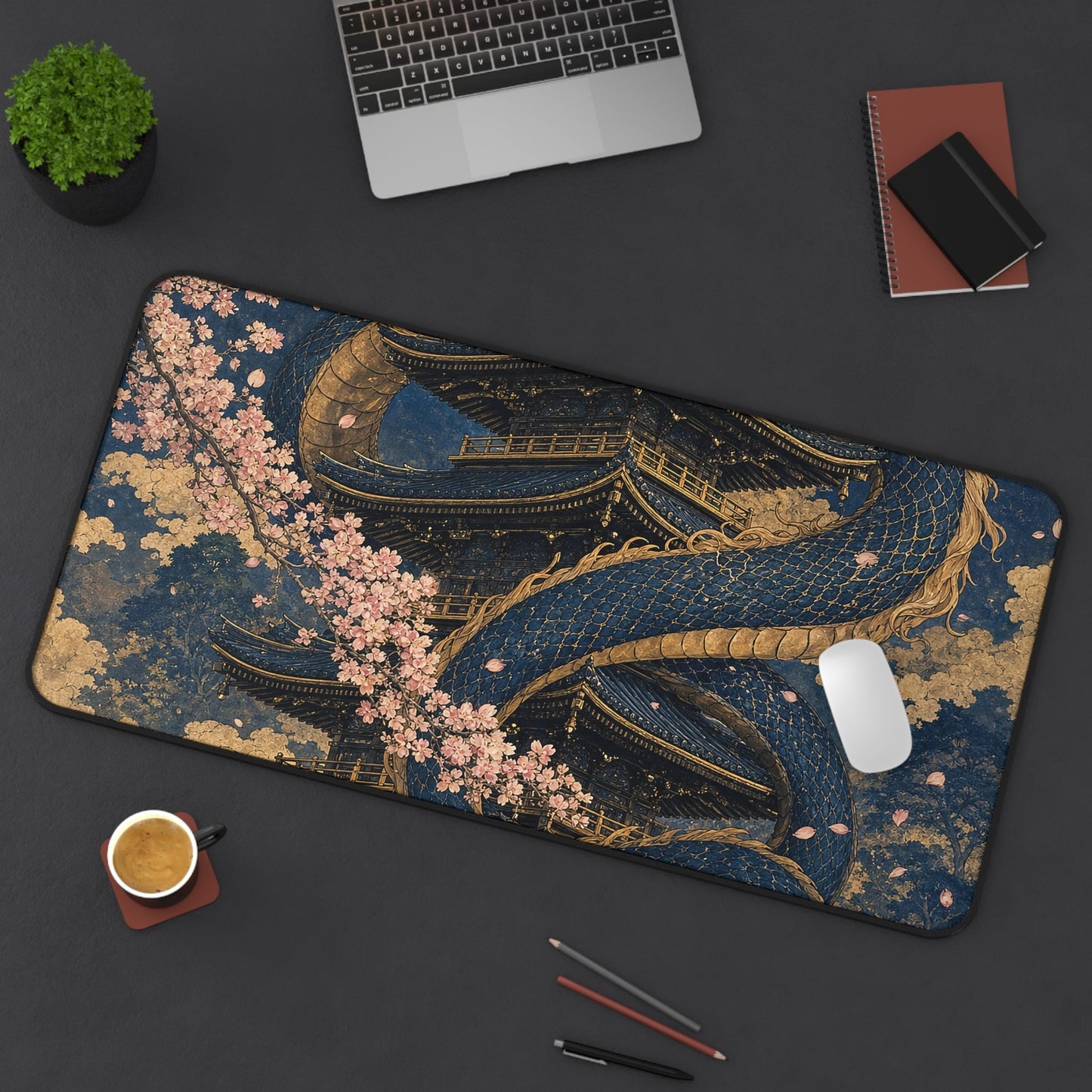Dragon Coiled Around Pagoda - Japanese Mythology Gaming Desk Mat - Moikas