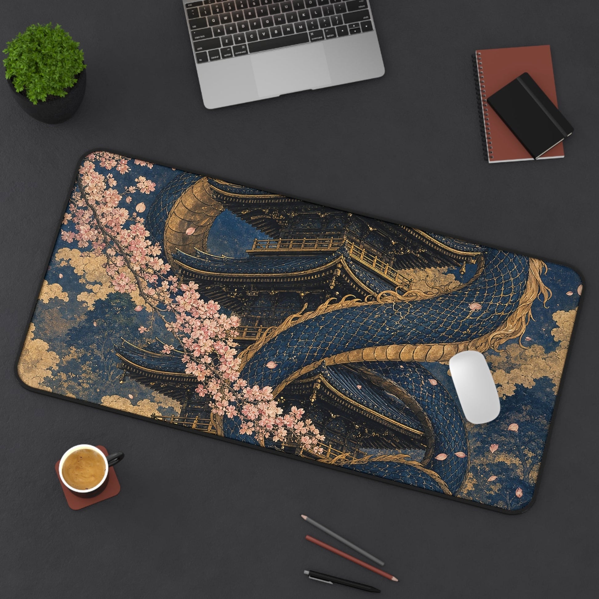 Dragon Coiled Around Pagoda - Japanese Mythology Gaming Desk Mat - Moikas