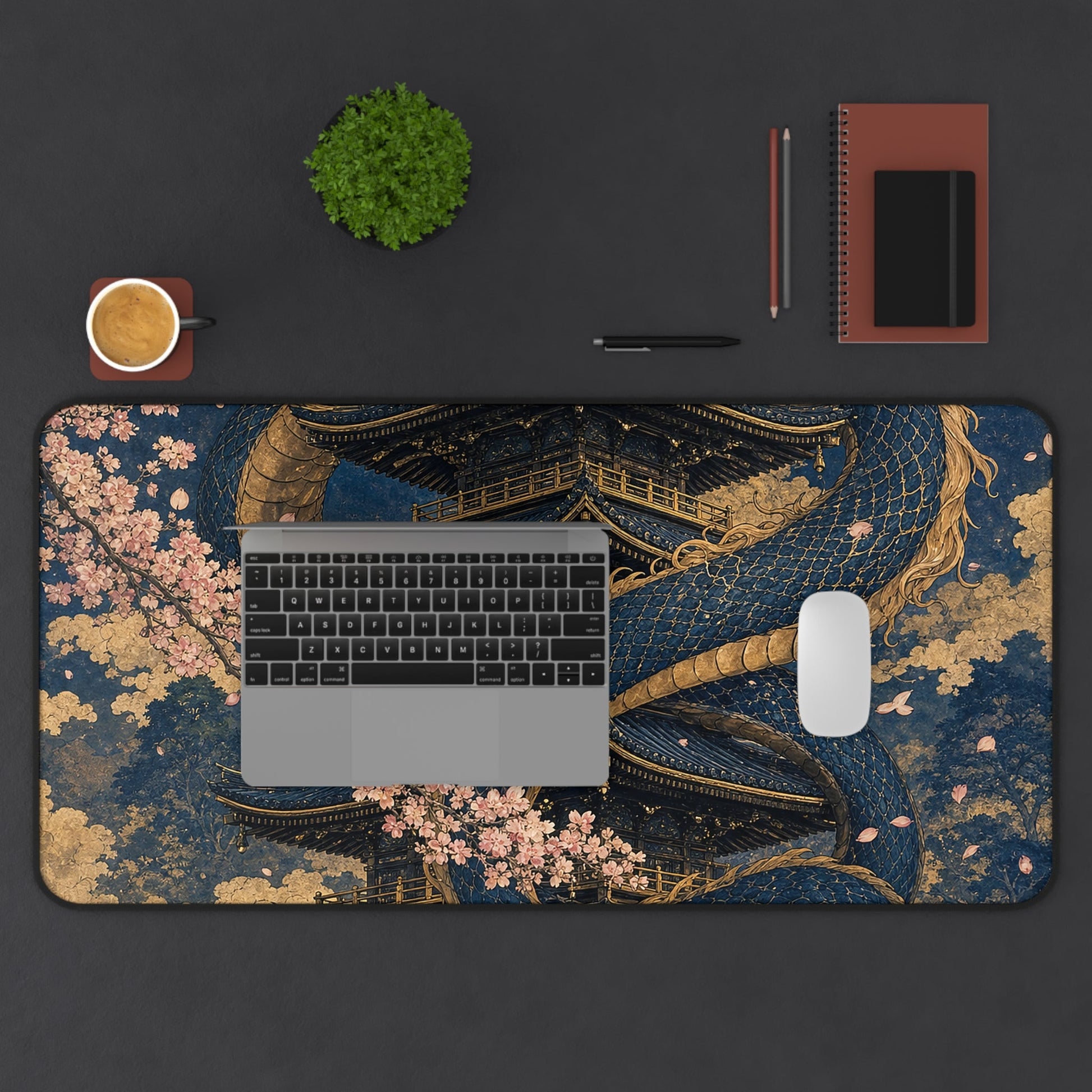 Dragon Coiled Around Pagoda - Japanese Mythology Gaming Desk Mat - Moikas