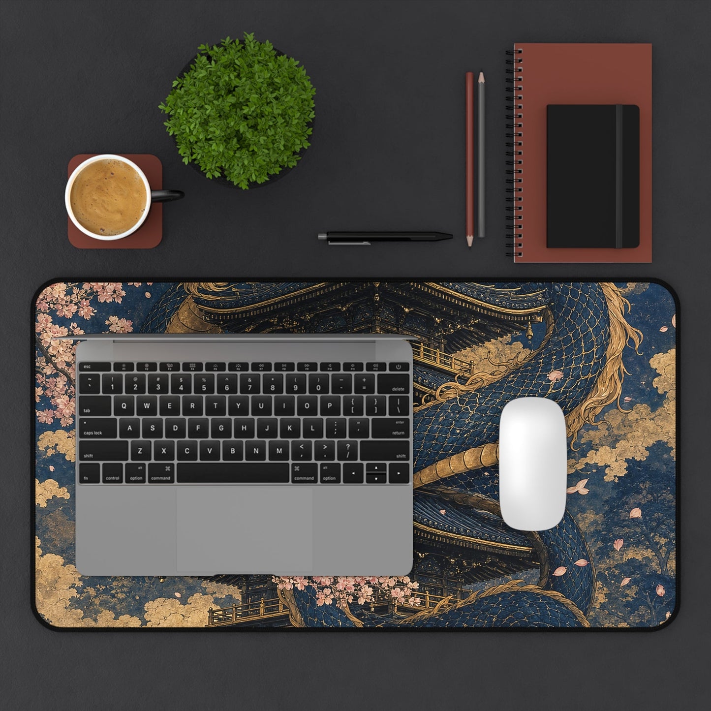 Dragon Coiled Around Pagoda - Japanese Mythology Gaming Desk Mat - Moikas