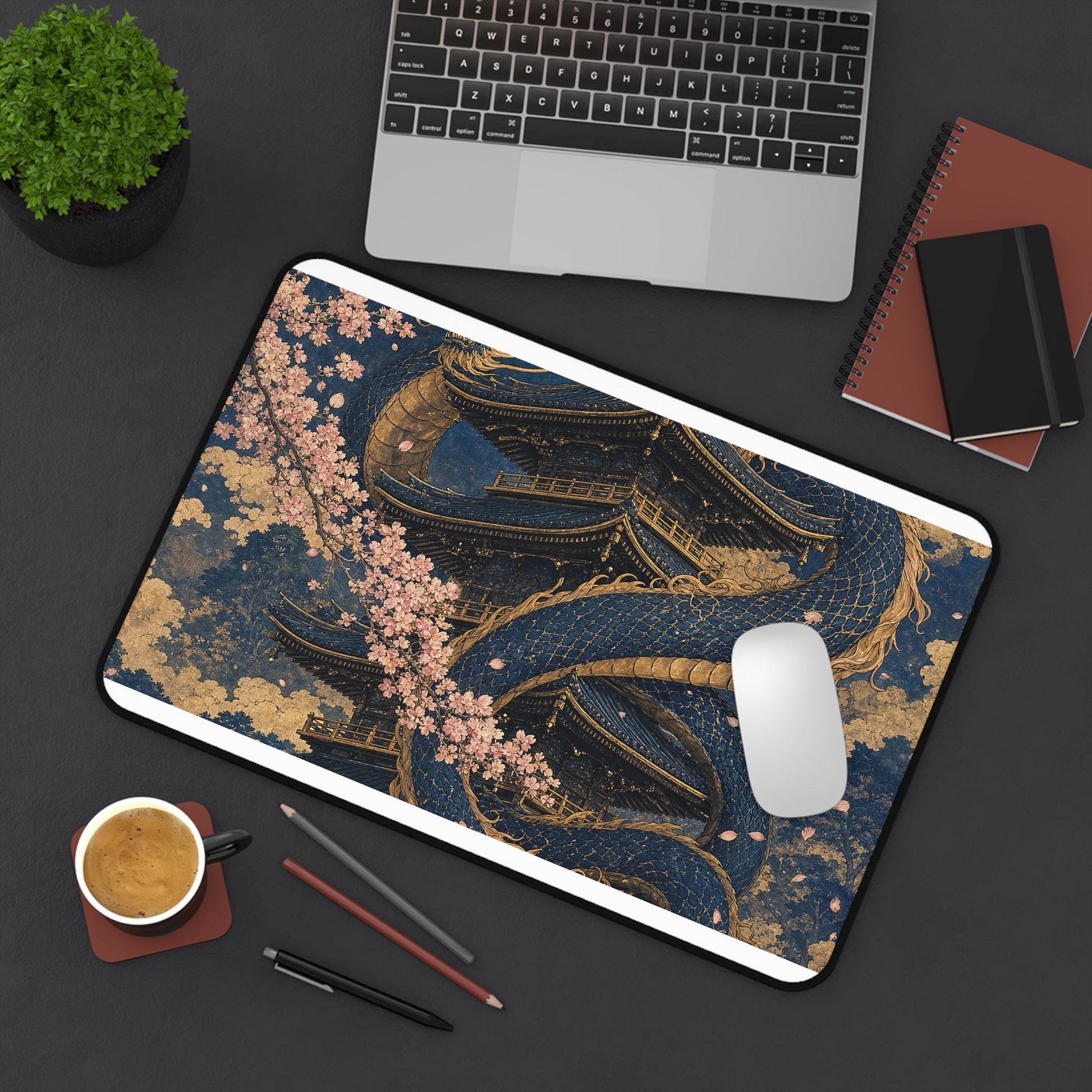 Dragon Coiled Around Pagoda - Japanese Mythology Gaming Desk Mat - Moikas