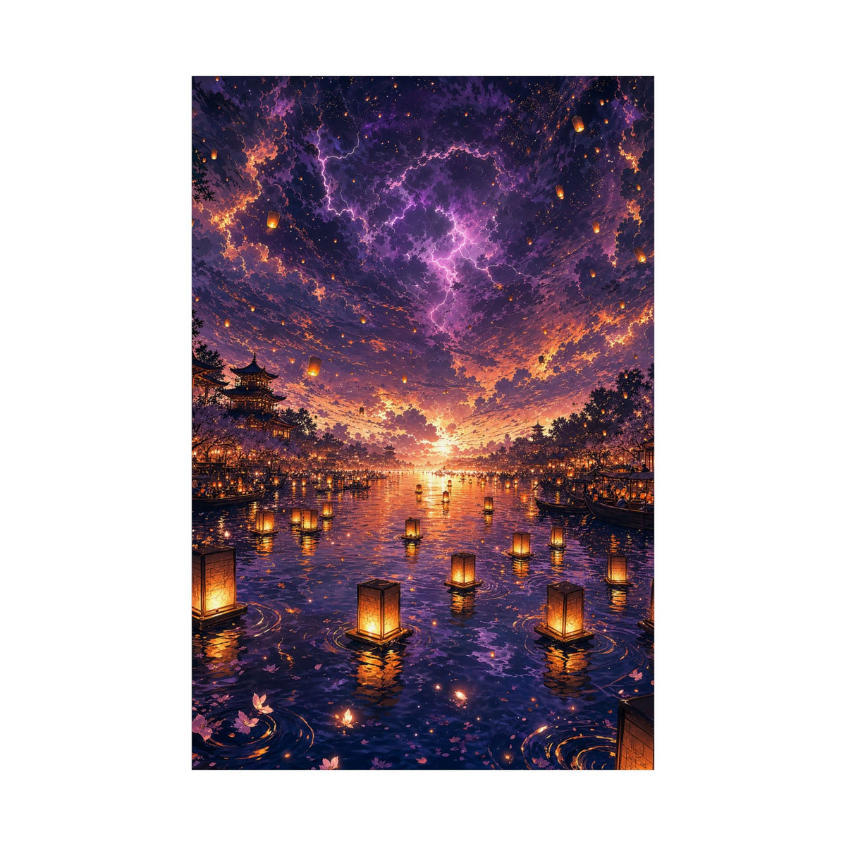 Festival Of Floating Lanterns On Water - Anime Manga Art Print (Matte Poster) - Moikas