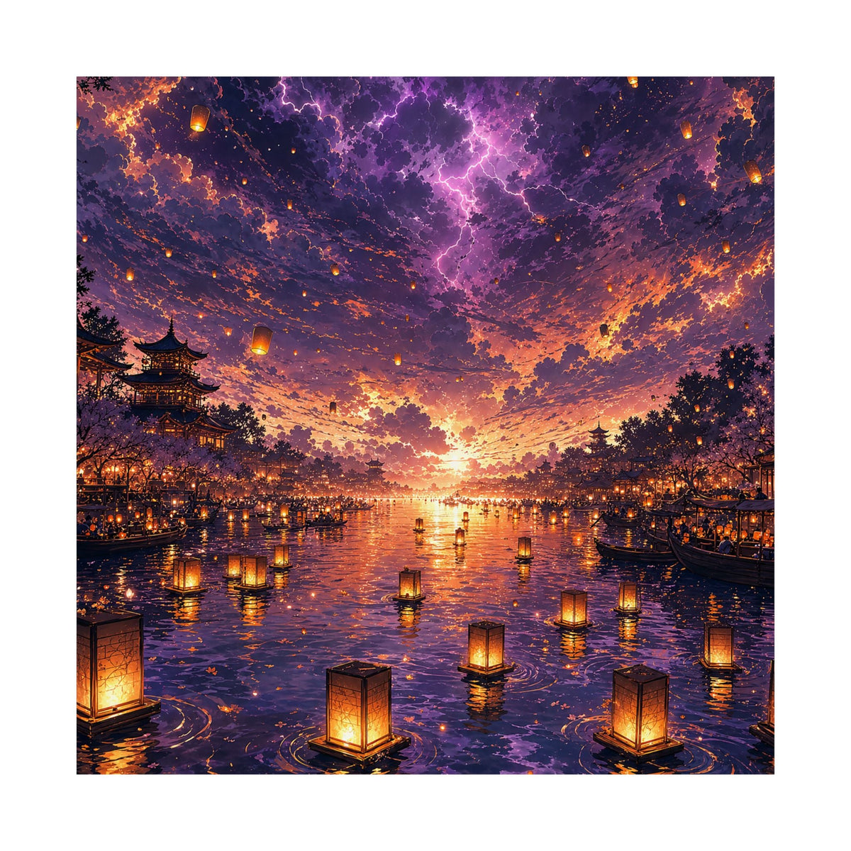 Festival Of Floating Lanterns On Water - Anime Manga Art Print (Matte Poster) - Moikas