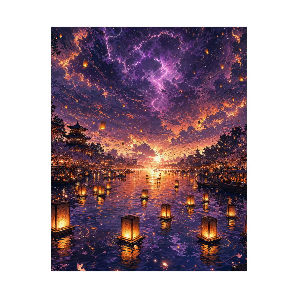 Festival Of Floating Lanterns On Water - Anime Manga Art Print (Matte Poster) - Moikas
