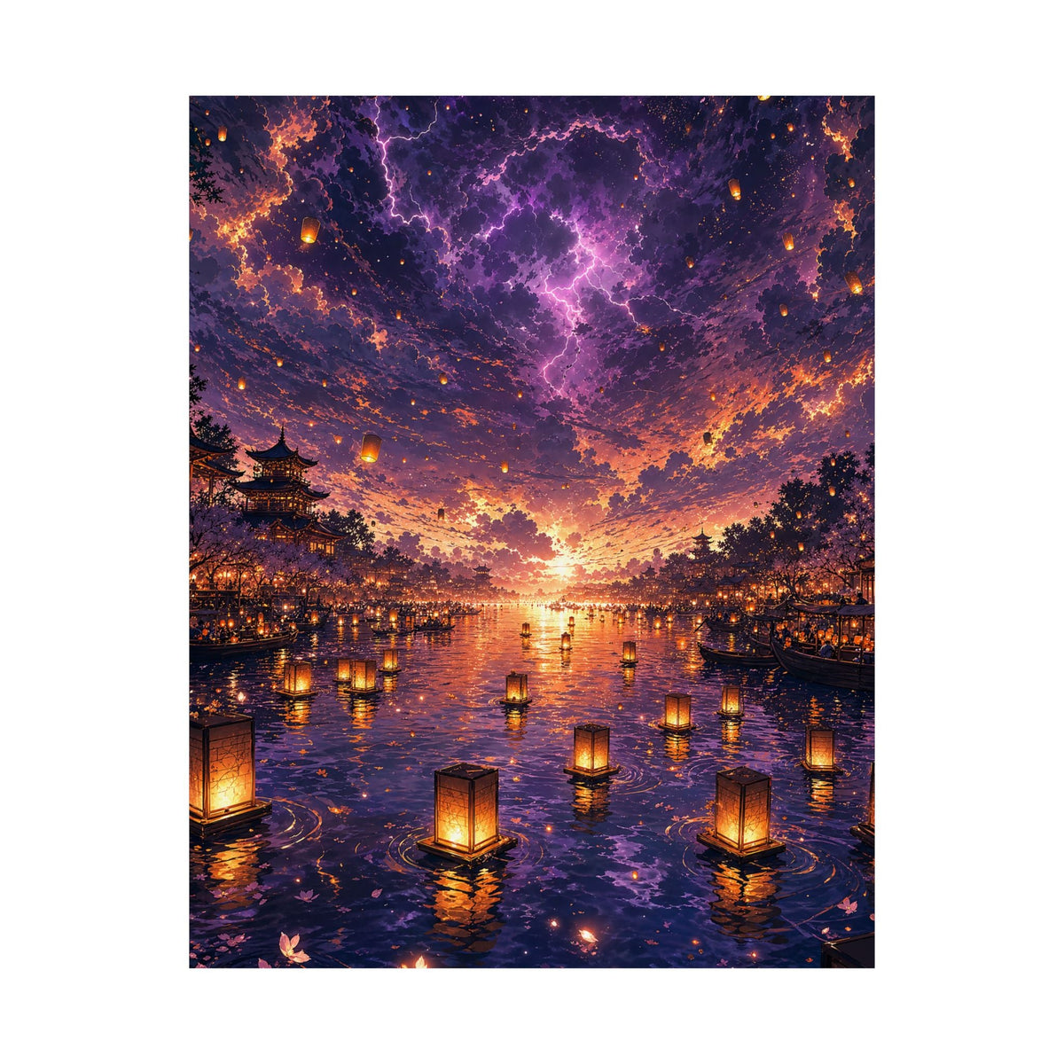 Festival Of Floating Lanterns On Water - Anime Manga Art Print (Matte Poster) - Moikas