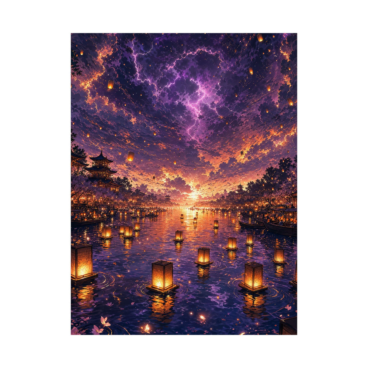 Festival Of Floating Lanterns On Water - Anime Manga Art Print (Matte Poster) - Moikas