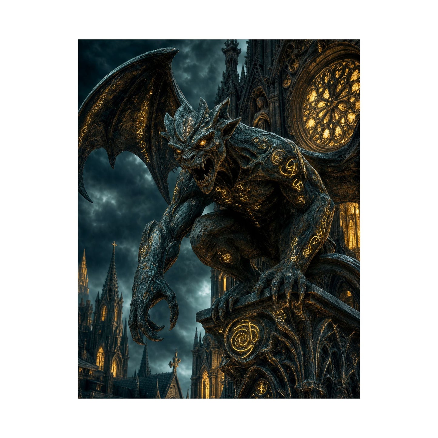 Gargoyle Come To Life On Cathedral - Dark Fantasy Art Print (Matte Poster) - Moikas