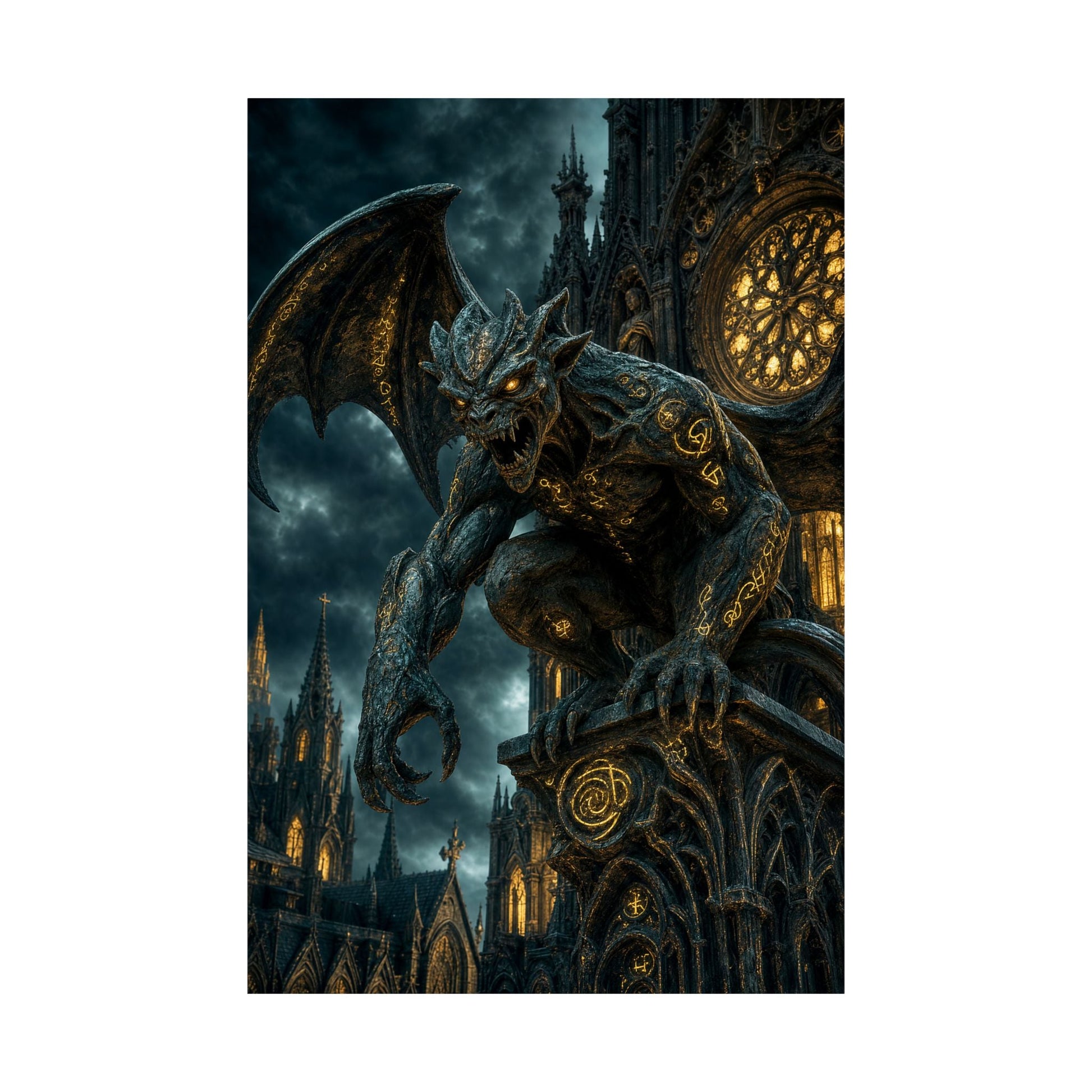 Gargoyle Come To Life On Cathedral - Dark Fantasy Art Print (Matte Poster) - Moikas