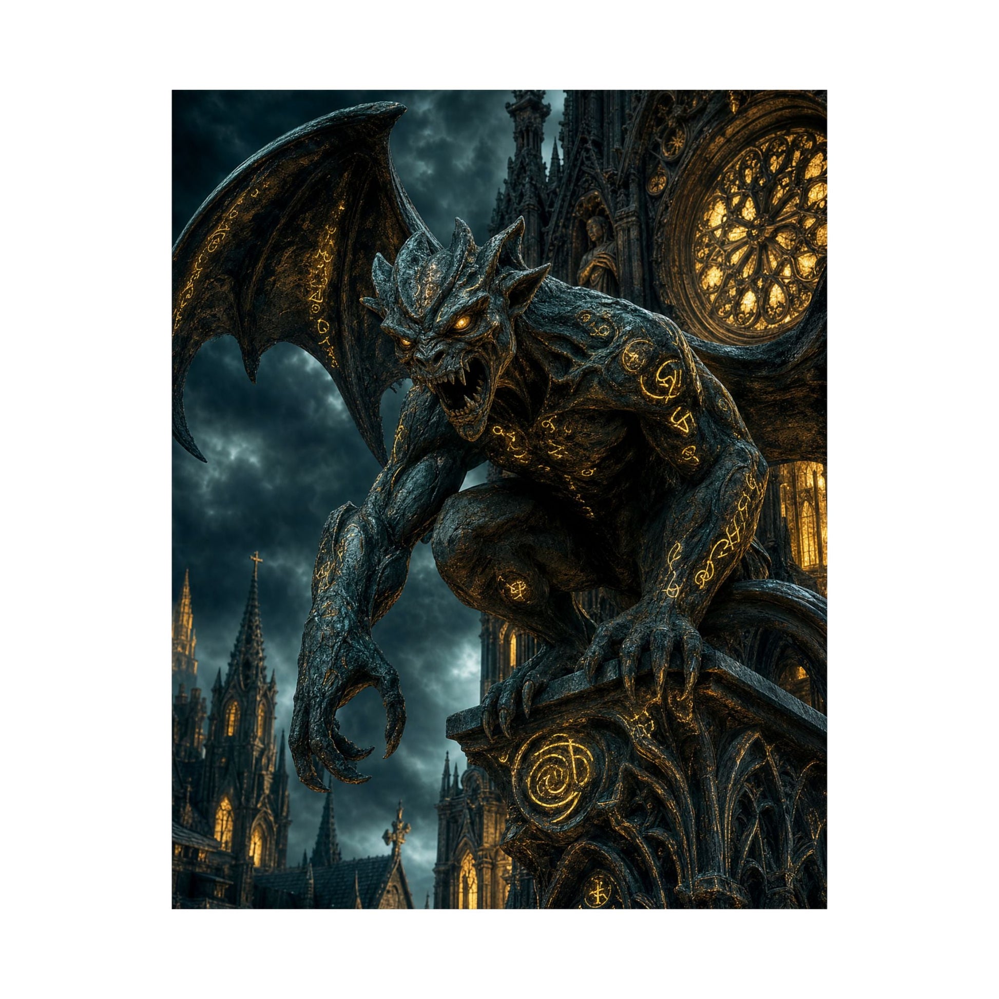 Gargoyle Come To Life On Cathedral - Dark Fantasy Art Print (Matte Poster) - Moikas