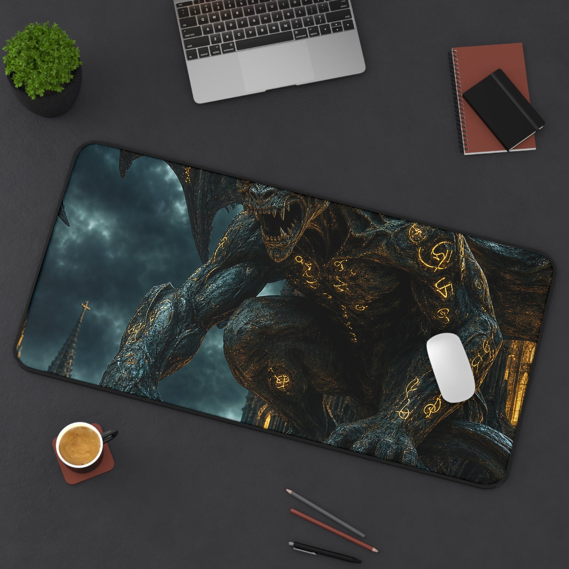 Gargoyle Come To Life On Cathedral - Dark Fantasy Gaming Desk Mat - Moikas