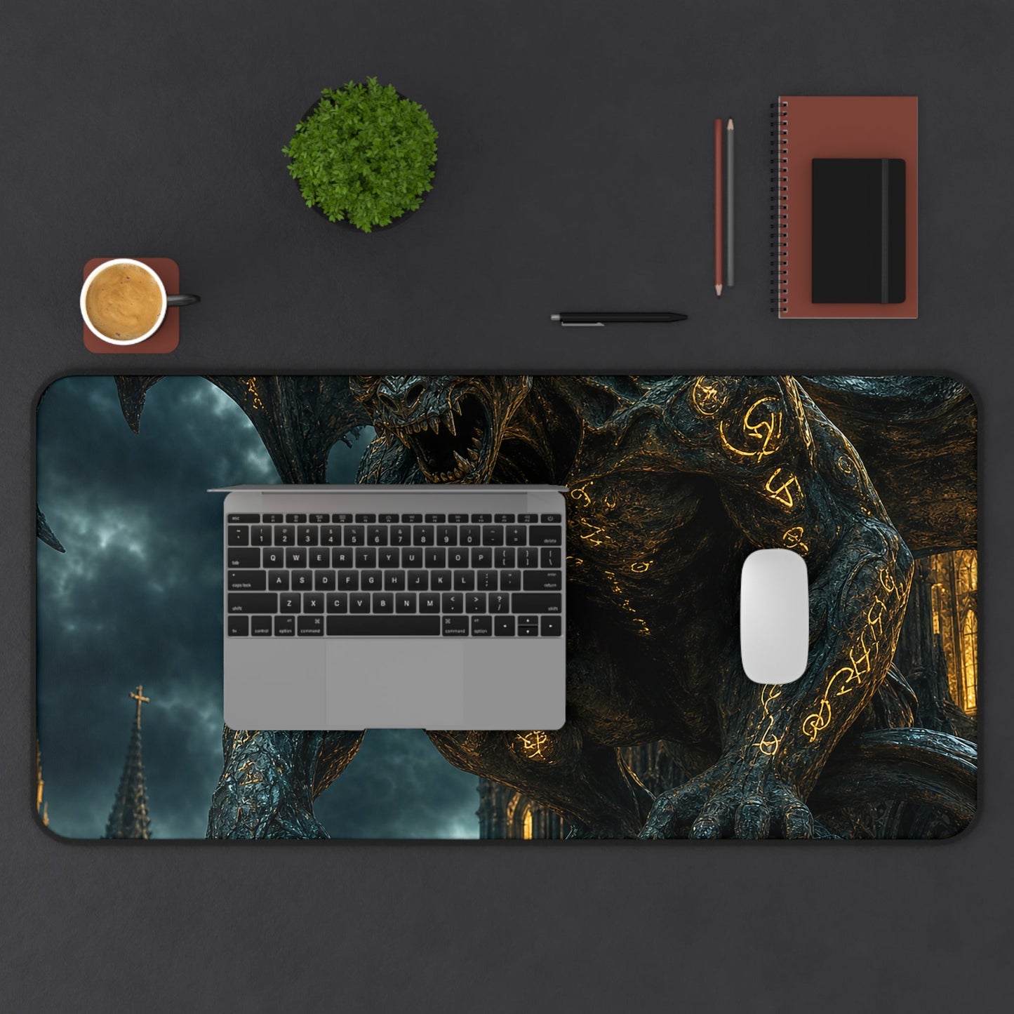 Gargoyle Come To Life On Cathedral - Dark Fantasy Gaming Desk Mat - Moikas