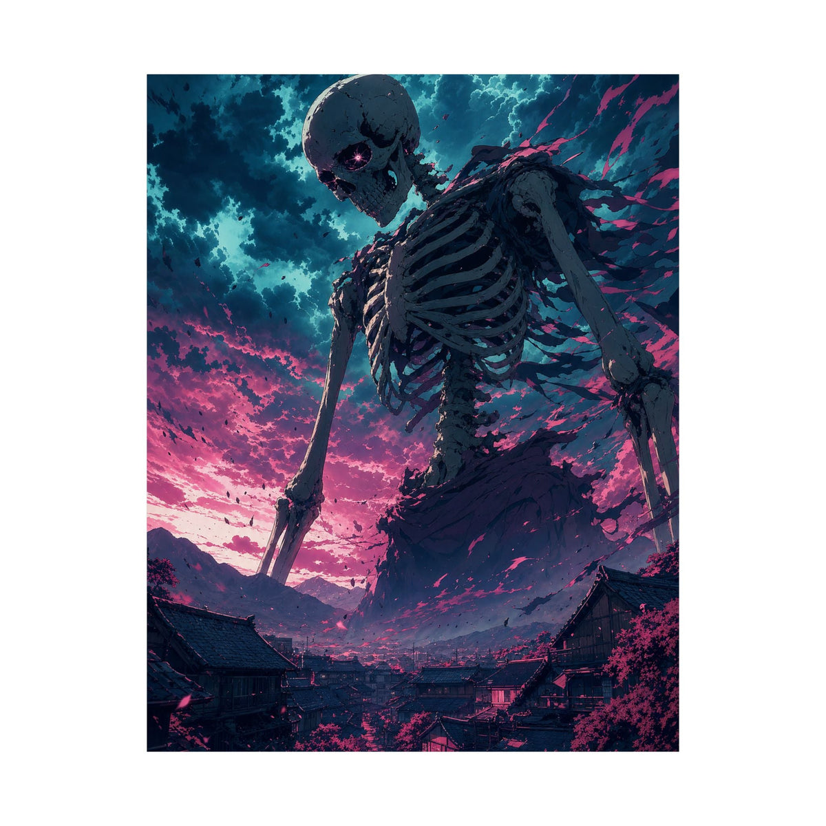 Giant Skeleton Looming Over Village - Anime Manga Art Print (Matte Poster) - Moikas