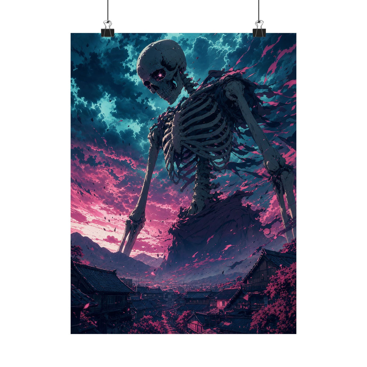 Giant Skeleton Looming Over Village - Anime Manga Art Print (Matte Poster) - Moikas