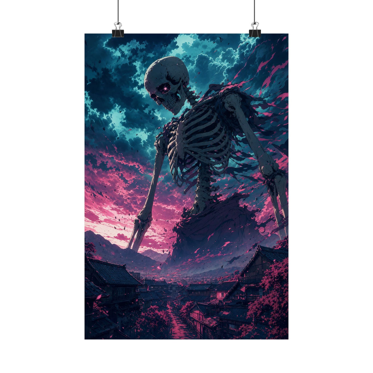 Giant Skeleton Looming Over Village - Anime Manga Art Print (Matte Poster) - Moikas