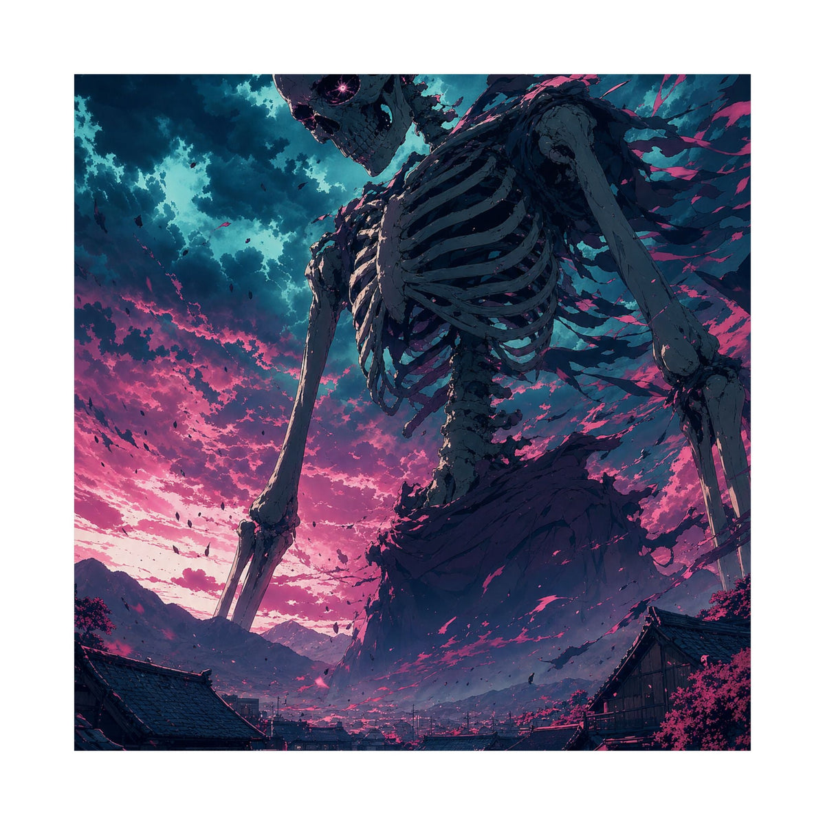 Giant Skeleton Looming Over Village - Anime Manga Art Print (Matte Poster) - Moikas