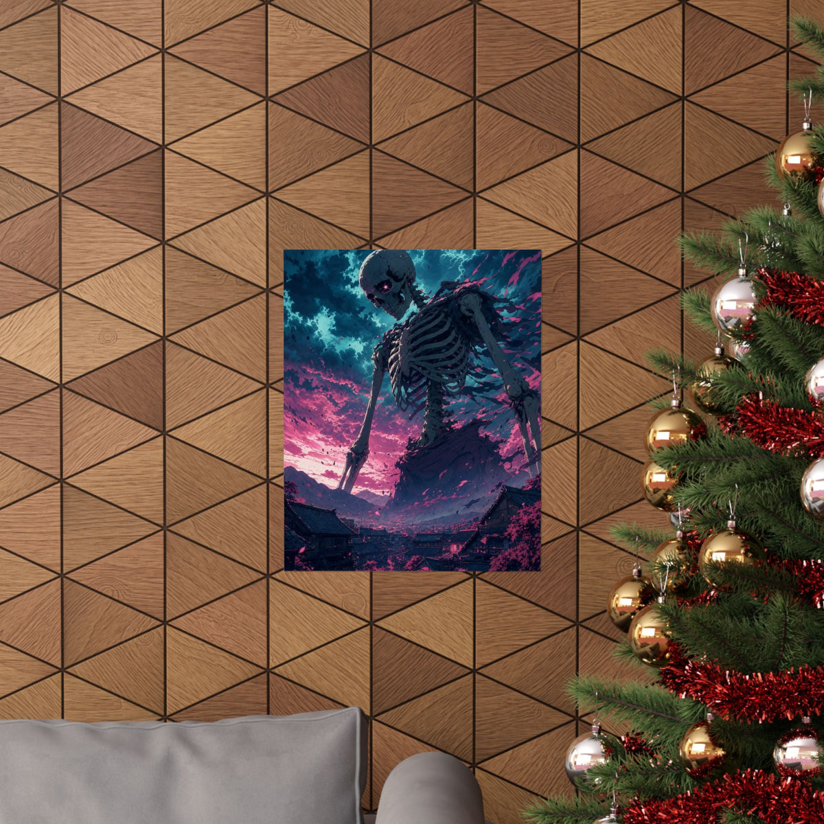 Giant Skeleton Looming Over Village - Anime Manga Art Print (Matte Poster) - Moikas