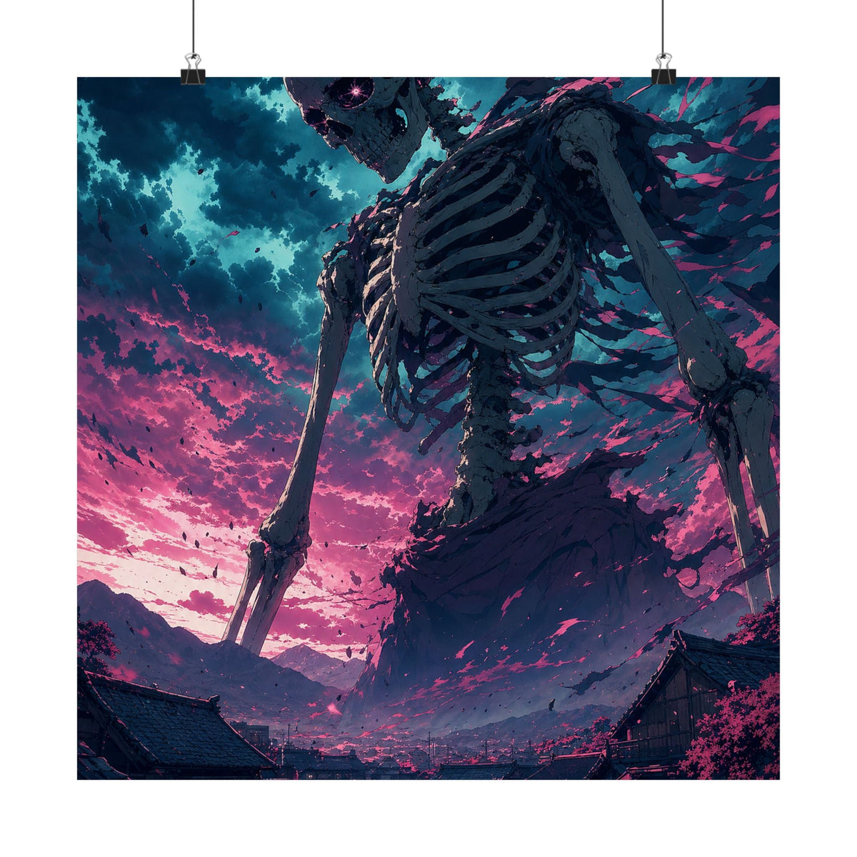 Giant Skeleton Looming Over Village - Anime Manga Art Print (Matte Poster) - Moikas